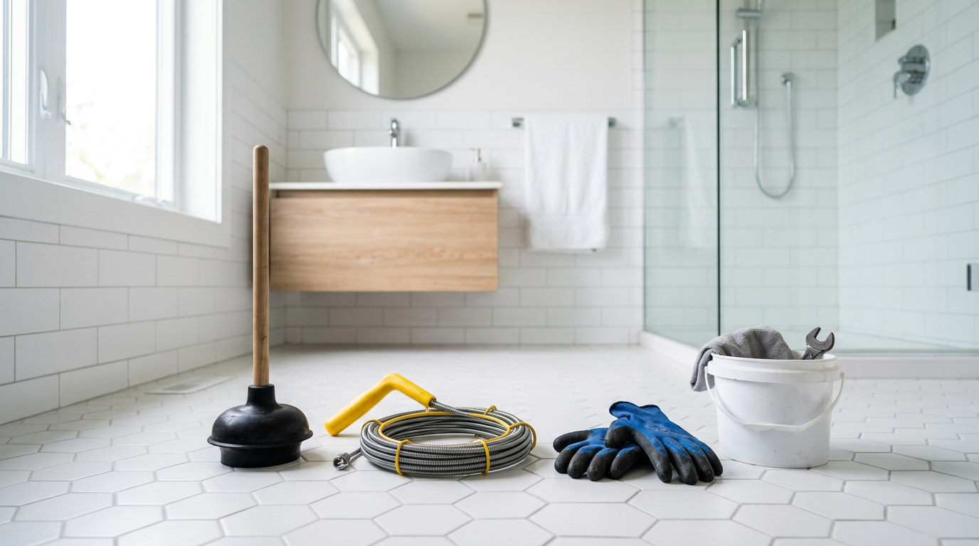 Plunger and drain snake in a bathroom