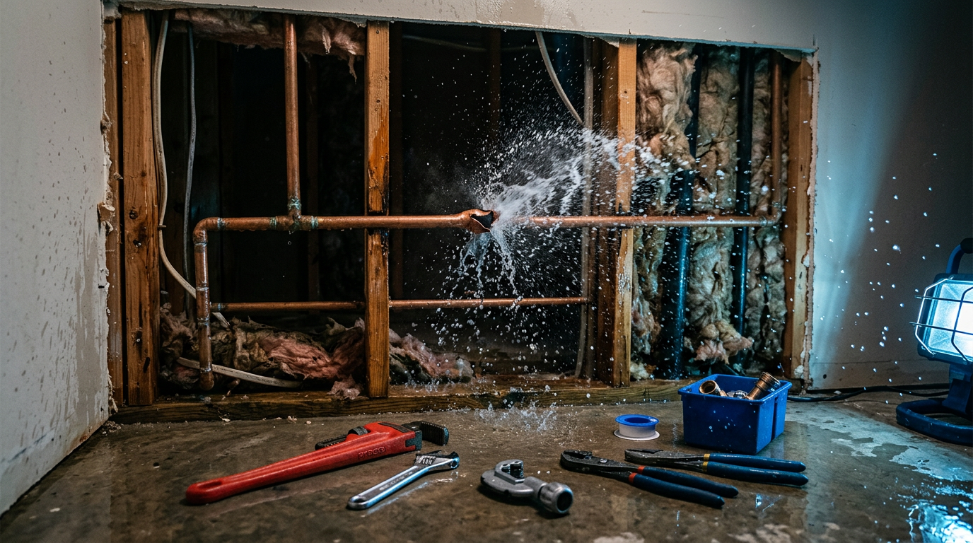 Burst copper pipe spraying water inside a wall