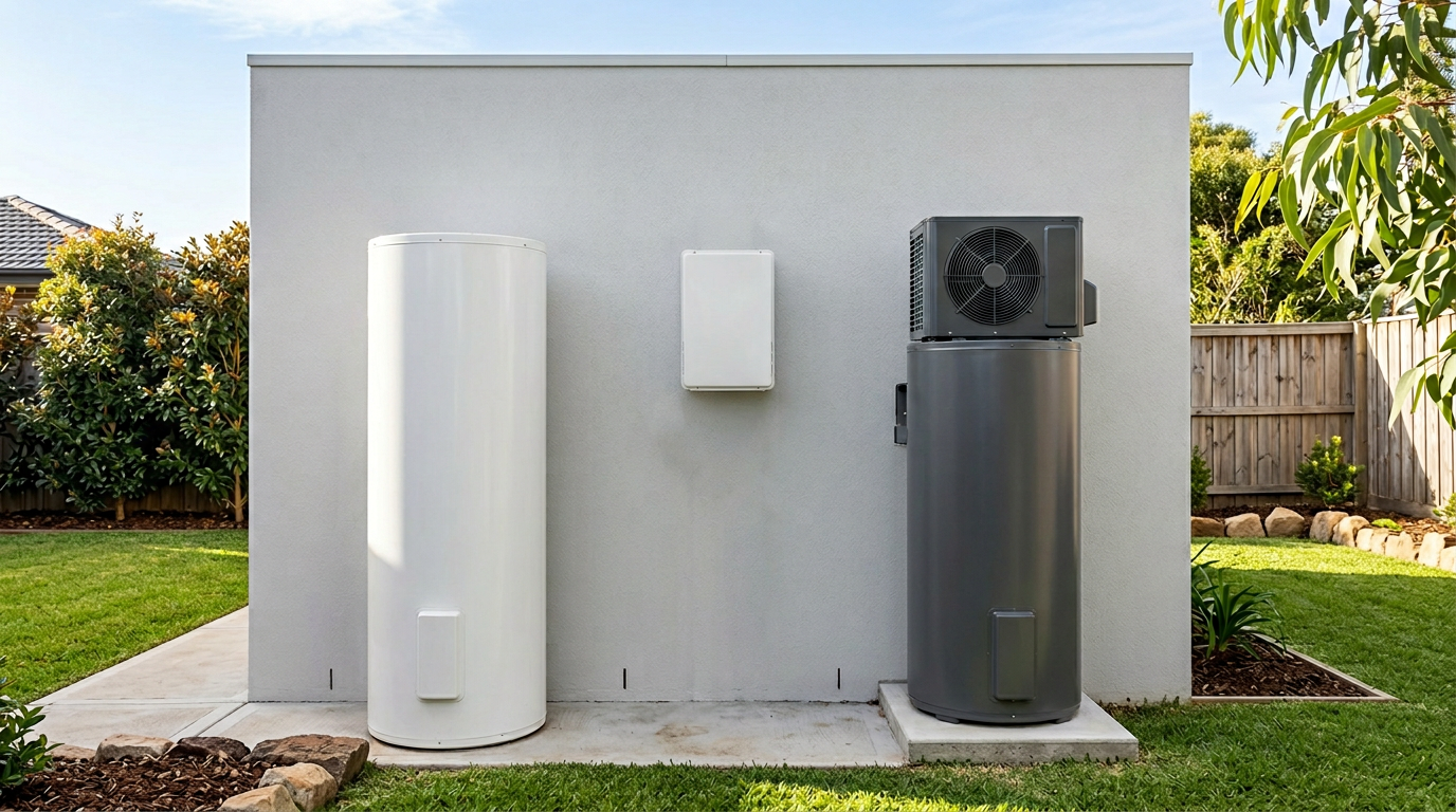 Three hot water systems installed side by side: electric tank, gas continuous-flow and heat pump