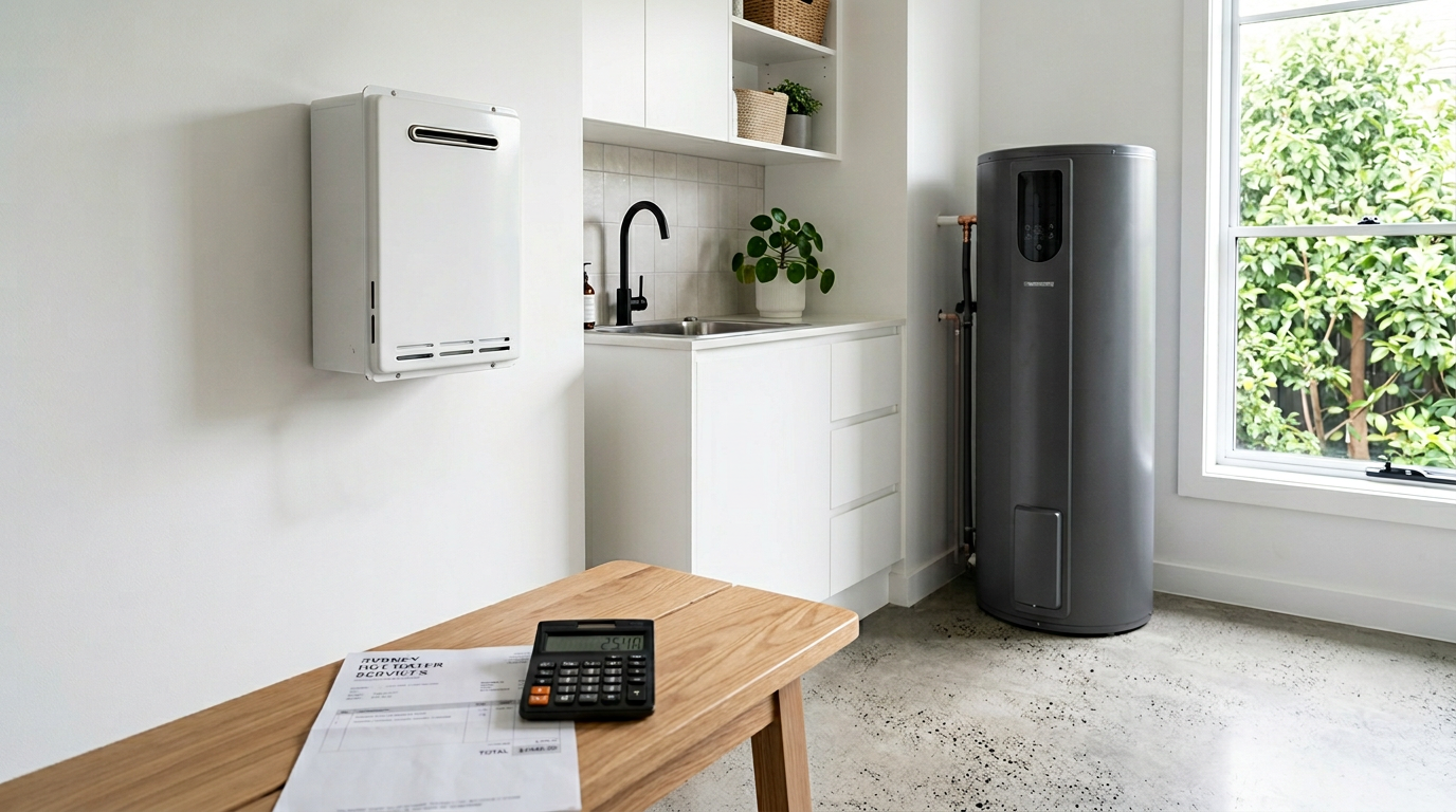 A modern Australian laundry with a gas continuous-flow unit and a heat pump hot water system, with a calculator and invoice on a timber bench