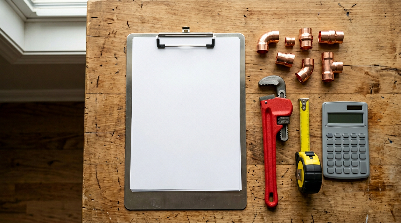 Plumber's invoice and tools on a workbench