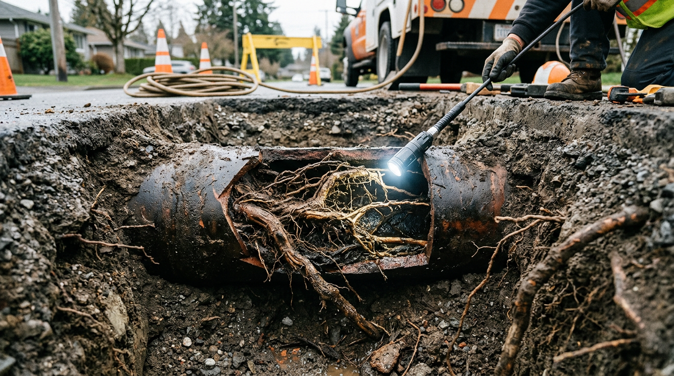 Tree roots growing through a sewer pipe