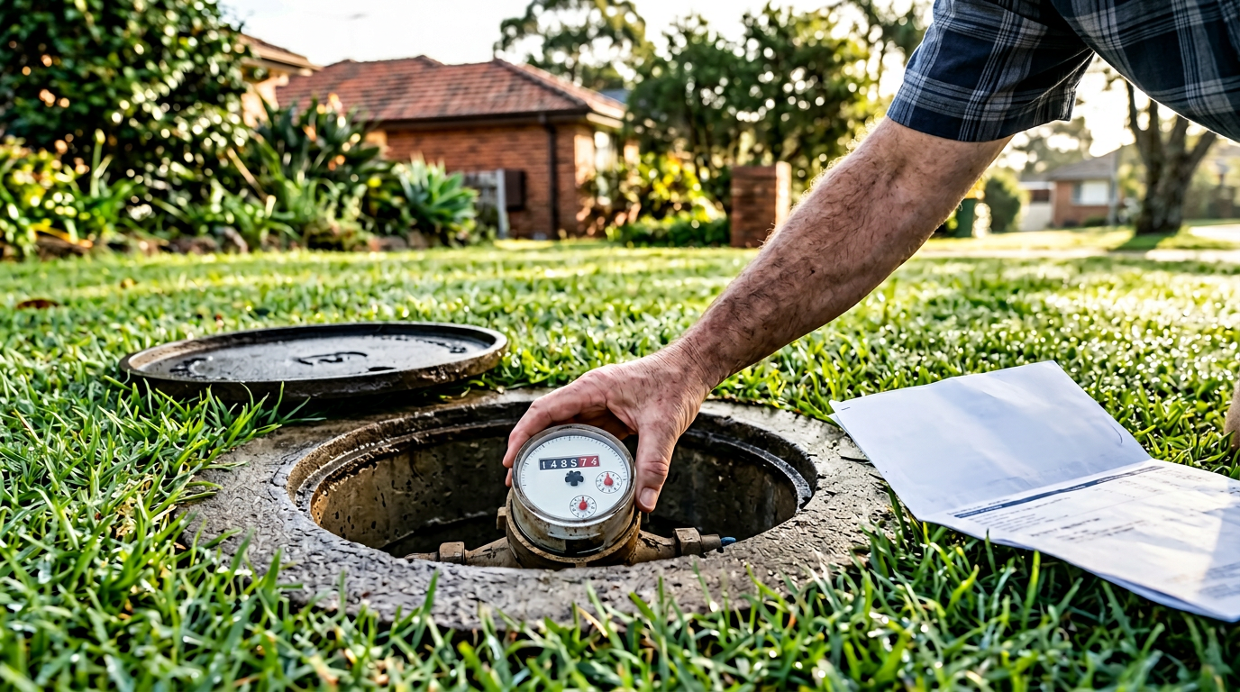 Close-up of a residential water meter in a Sydney front lawn with a hand reaching towards it